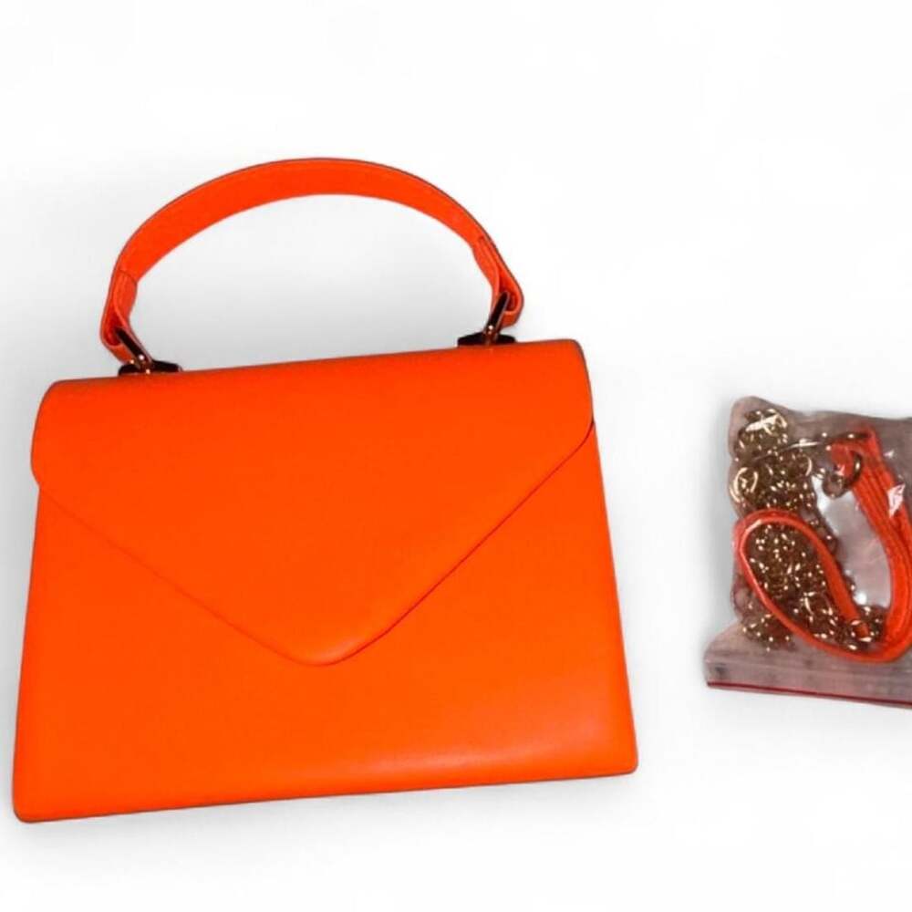 Neon Orange Structured Mini Handbag with Gold Chain Strap